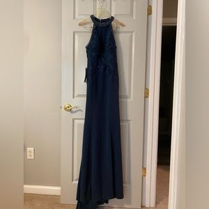 Azazie gown in navy.
